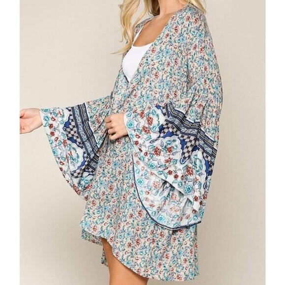 GIGIO Plus Boho Floral Gypsy Kimono Floral Print Wide Bell Sleeves 100% Rayon - Picture 2 of 8
